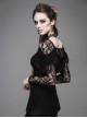 Gothic Style Elastic Rose Lace Fabric With Rounded Hem Black Tassel Long Sleeved T-Shirt