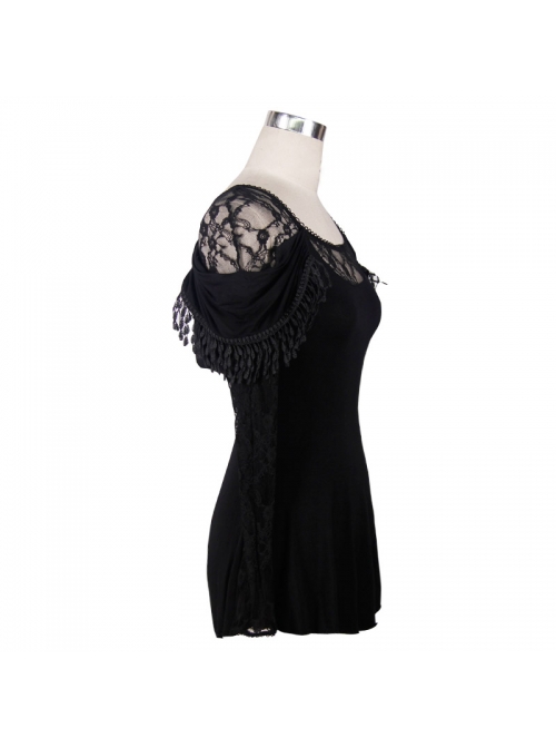 Gothic Style Elastic Rose Lace Fabric With Rounded Hem Black Tassel Long Sleeved T-Shirt