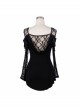 Gothic Style Elastic Rose Lace Fabric With Rounded Hem Black Tassel Long Sleeved T-Shirt