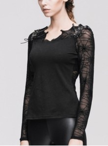 Punk Style Handsome Bat Wings With Pure Cotton Knitted Splicing Spider Web Flocking Black Eyelet Long Sleeved T-Shirt