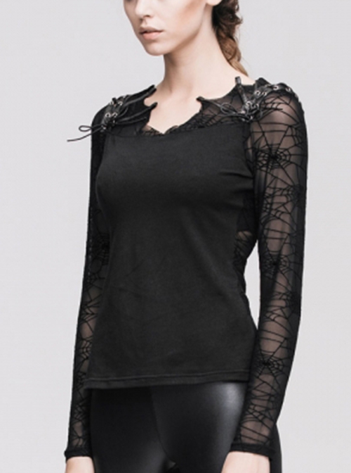 Punk Style Handsome Bat Wings With Pure Cotton Knitted Splicing Spider Web Flocking Black Eyelet Long Sleeved T-Shirt