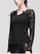 Punk Style Handsome Bat Wings With Pure Cotton Knitted Splicing Spider Web Flocking Black Eyelet Long Sleeved T-Shirt