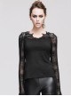 Punk Style Handsome Bat Wings With Pure Cotton Knitted Splicing Spider Web Flocking Black Eyelet Long Sleeved T-Shirt