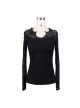 Punk Style Handsome Bat Wings With Pure Cotton Knitted Splicing Spider Web Flocking Black Eyelet Long Sleeved T-Shirt