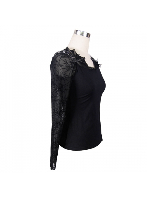 Punk Style Handsome Bat Wings With Pure Cotton Knitted Splicing Spider Web Flocking Black Eyelet Long Sleeved T-Shirt