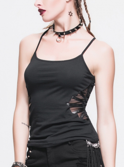 Punk Style Stretch Knit Side Waist Mesh With Bat Wing Leather Strap Design Black Daily Vest