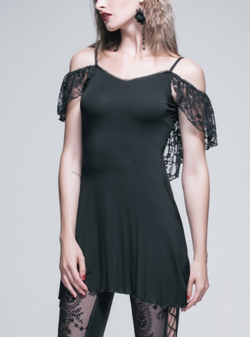 Gothic Style Long Off-Shoulder With Rose Lace Back Fringe Black Sling Sleeveless T-Shirt