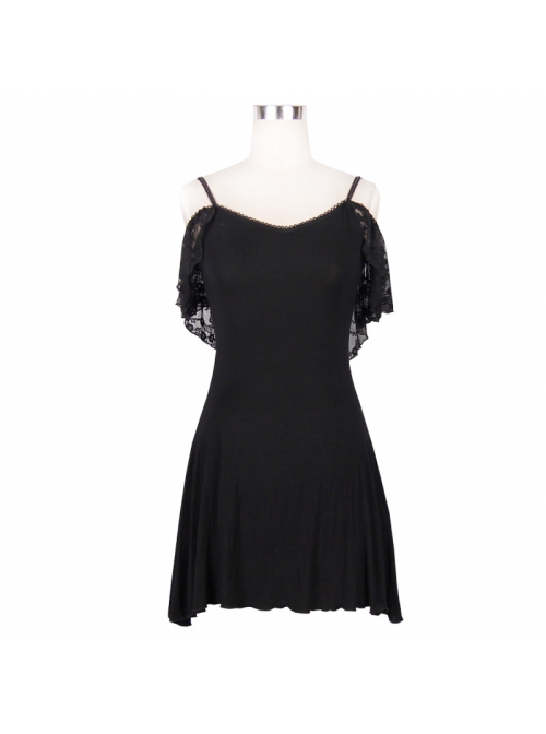 Gothic Style Long Off-Shoulder With Rose Lace Back Fringe Black Sling Sleeveless T-Shirt