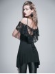 Gothic Style Long Off-Shoulder With Rose Lace Back Fringe Black Sling Sleeveless T-Shirt