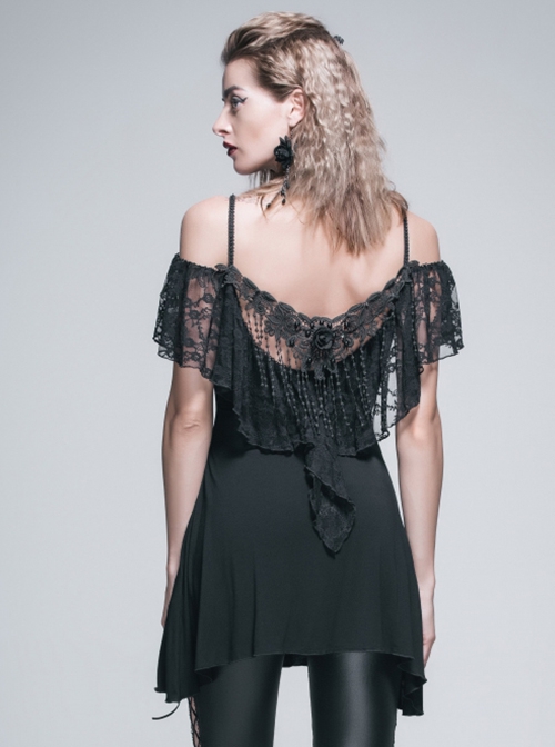 Gothic Style Long Off-Shoulder With Rose Lace Back Fringe Black Sling Sleeveless T-Shirt