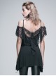 Gothic Style Long Off-Shoulder With Rose Lace Back Fringe Black Sling Sleeveless T-Shirt