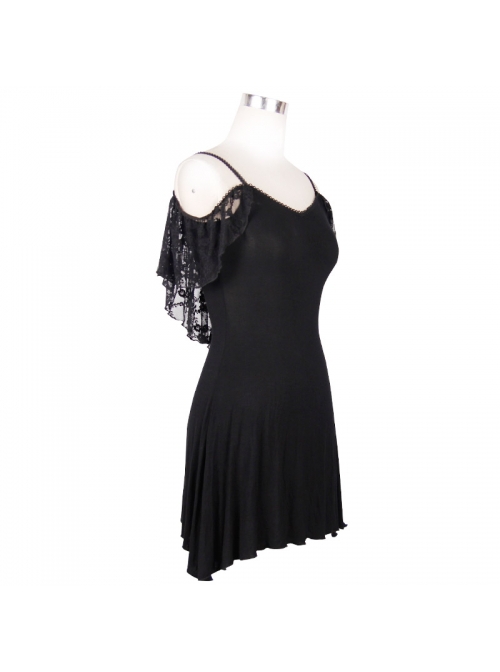 Gothic Style Long Off-Shoulder With Rose Lace Back Fringe Black Sling Sleeveless T-Shirt