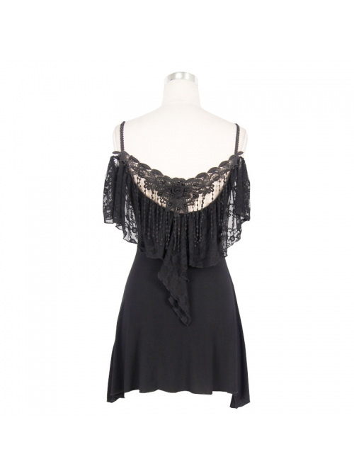 Gothic Style Long Off-Shoulder With Rose Lace Back Fringe Black Sling Sleeveless T-Shirt