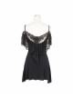 Gothic Style Long Off-Shoulder With Rose Lace Back Fringe Black Sling Sleeveless T-Shirt