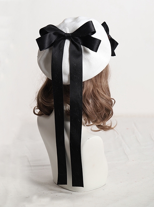 Fashion Retro Cute Sweet Lolita Satin Removable Brooch Long Ribbon Bowknot Round Beret