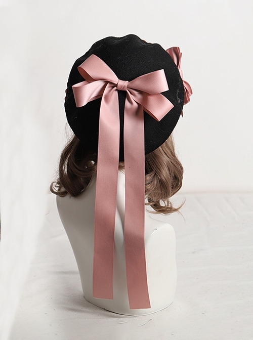 Fashion Retro Cute Sweet Lolita Satin Removable Brooch Long Ribbon Bowknot Round Beret