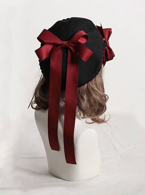 Fashion Retro Cute Sweet Lolita Satin Removable Brooch Long Ribbon Bowknot Round Beret