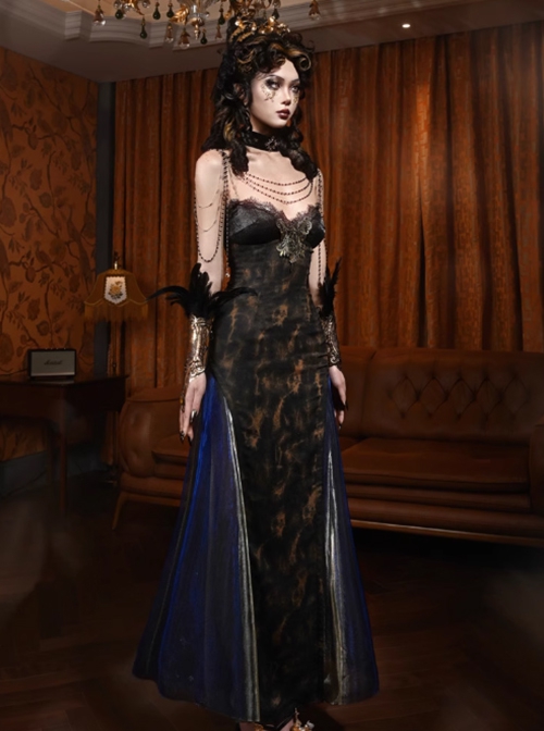 Gilt European Gothic Punk Black Golden Blue Contrast Colors Classical Slim Sexy Swing Halter Tube Top Dress