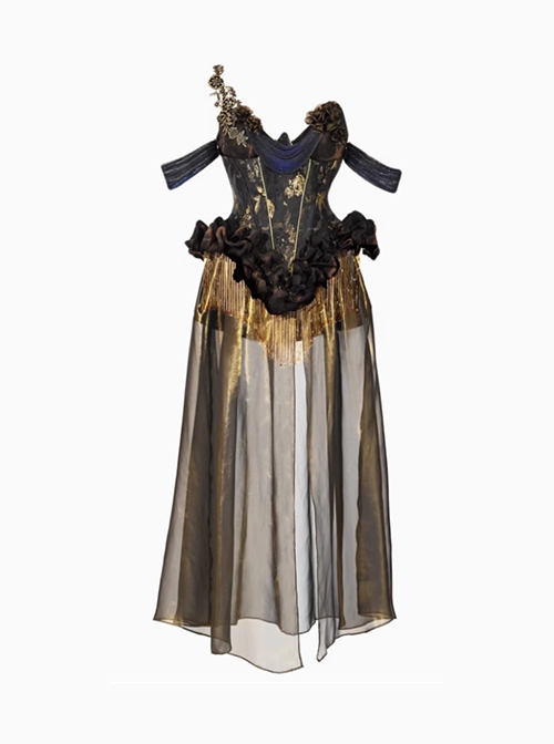 Gilt Classic Gothic Punk Gorgeous Retro Palace Style European Slim Mercerized Fishbone Corset Gown Skirt Set