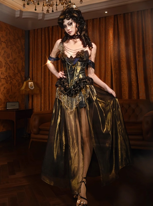 Gilt Classic Gothic Punk Gorgeous Retro Palace Style European Slim Mercerized Fishbone Corset Gown Skirt Set