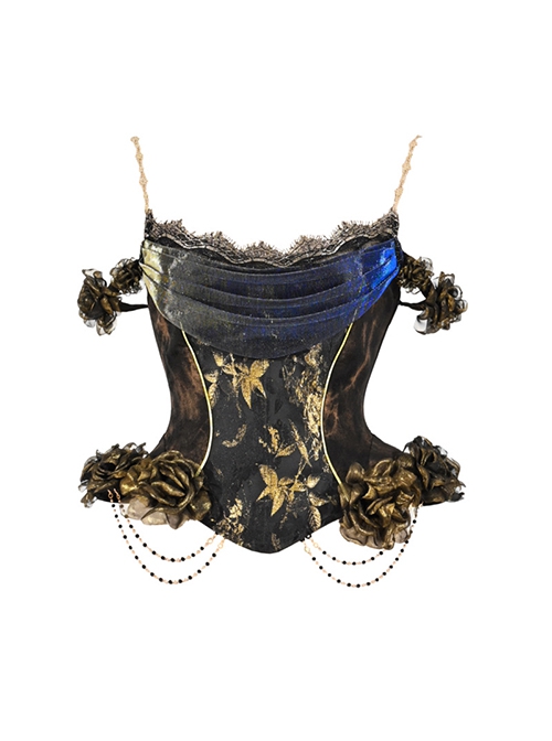 Manual Gilt European Gorgeous Gothic Punk Black Golden Print 3D Rose Slim Waist Sexy Fishbone Mercerized Corset