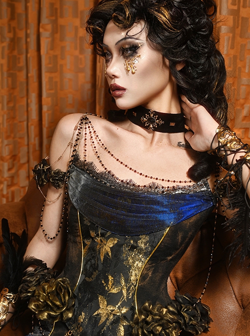 Manual Gilt European Gorgeous Gothic Punk Black Golden Print 3D Rose Slim Waist Sexy Fishbone Mercerized Corset