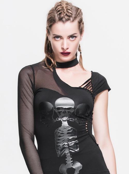 Gothic Style Asymmetrical One Side Mesh Long Sleeved Front Center Skull Print Black Off Shoulder T-Shirt