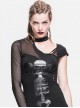 Gothic Style Asymmetrical One Side Mesh Long Sleeved Front Center Skull Print Black Off Shoulder T-Shirt