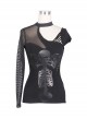 Gothic Style Asymmetrical One Side Mesh Long Sleeved Front Center Skull Print Black Off Shoulder T-Shirt