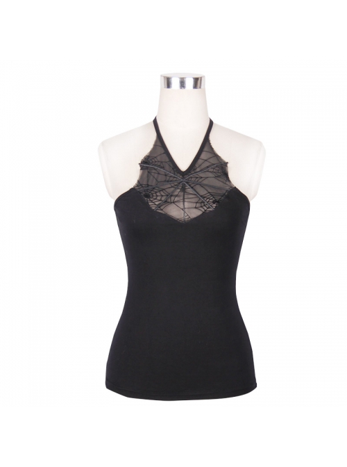 Punk Style Spider Web Flocking Print On The Chest Bat Wing V Neck Shape Black Sleeveless Tight Vest