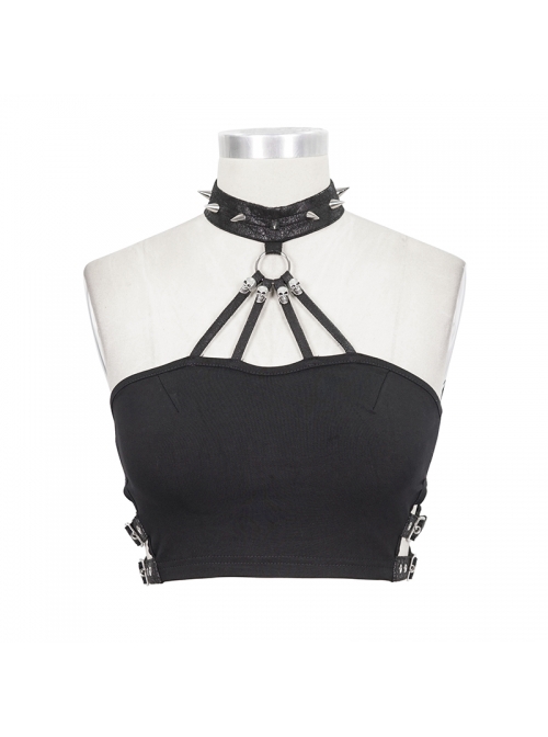 Punk Style Cotton Knitted Neckline Skull Metal Ring Link Spike Rivet Necklace Black Mini Vest