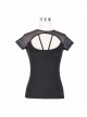 Punk Style Stretch Knitted Splicing Mesh Cape With Adjustable Back Tie Black Daily Short Sleeved T-Shirt