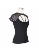 Punk Style Stretch Knitted Splicing Mesh Cape With Adjustable Back Tie Black Daily Short Sleeved T-Shirt