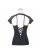 Punk Style Stretch Knitted Splicing Mesh Cape With Adjustable Back Tie Black Daily Short Sleeved T-Shirt