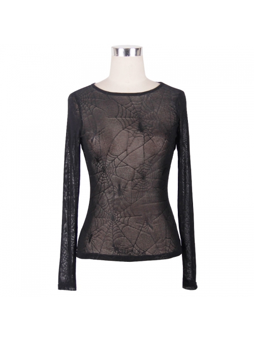 Punk Style Slightly Transparent Jacquard Spider Web Round Neck Design Black Daily Long Sleeve T-Shirt