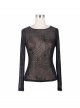 Punk Style Slightly Transparent Jacquard Spider Web Round Neck Design Black Daily Long Sleeve T-Shirt