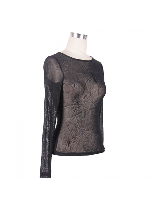 Punk Style Slightly Transparent Jacquard Spider Web Round Neck Design Black Daily Long Sleeve T-Shirt