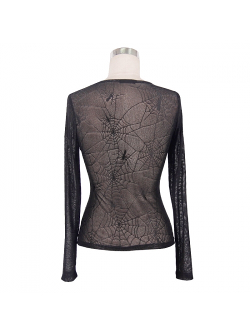 Punk Style Slightly Transparent Jacquard Spider Web Round Neck Design Black Daily Long Sleeve T-Shirt