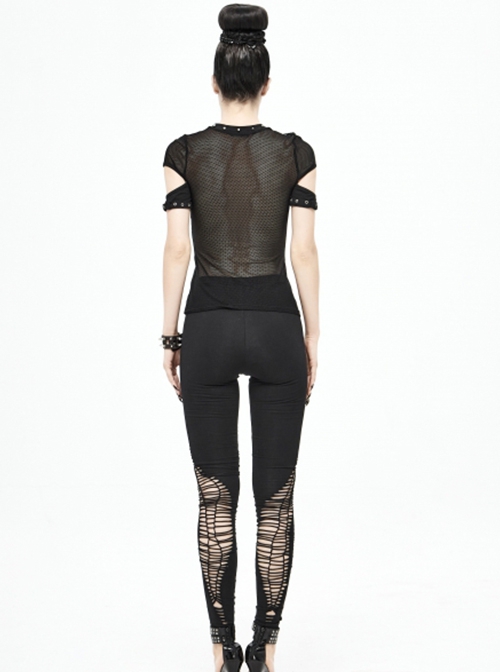 Punk Style Hand Knitted Splicing Mesh Shawl With Hollow Chest And Eyelet Rivets Black Daily Short Sleeved T-Shirt