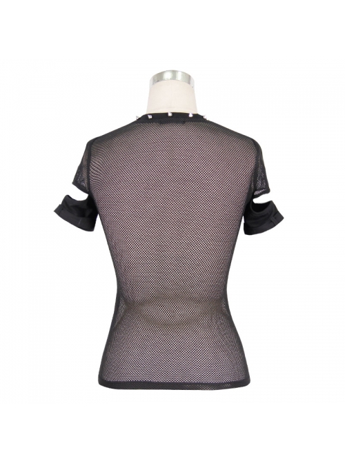 Punk Style Hand Knitted Splicing Mesh Shawl With Hollow Chest And Eyelet Rivets Black Daily Short Sleeved T-Shirt