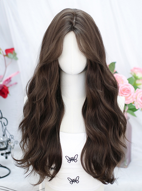 Shiny Brown Fluffy Sweet Elegant Mid-Split Long Wavy Curls Hair Classic Lolita Full Head Wig