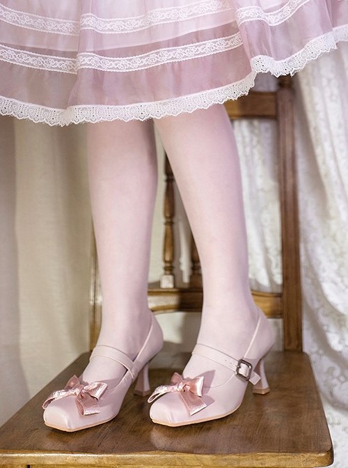 Moonlight Ball Series Elegant Ballet Bowknot Classic Lolita Mercerized Square Toe Mid Heels Shoes