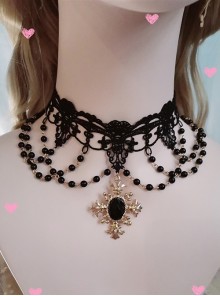 Gorgeous Baroque Style Diamond Cross Black Imitation Jewelry Beads Chain Gothic Lolita Lace Necklace