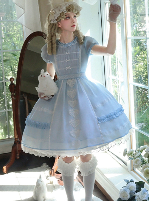 Wish Series Doll Sense Ruffles Round Neckline Heart Shape Lace Bowknot Sweet Lolita Puff Sleeves Dress