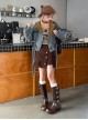 American Vintage Denim Autumn Workwear Style Kawaii Fashion High Waist Brown Skirt Long Sleeves Striped Shirt Blue Coat Set