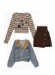 American Vintage Denim Autumn Workwear Style Kawaii Fashion High Waist Brown Skirt Long Sleeves Striped Shirt Blue Coat Set