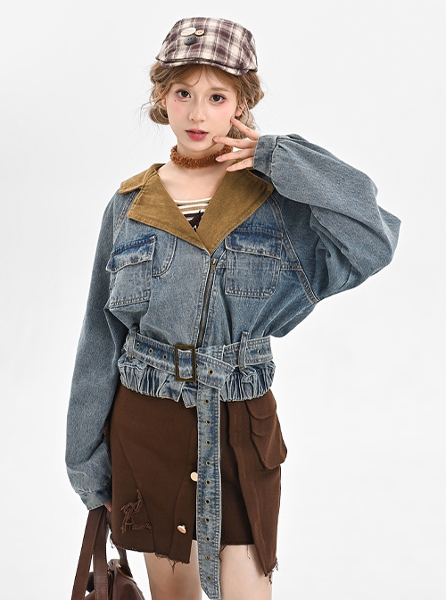 American Vintage Denim Autumn Workwear Style Kawaii Fashion High Waist Brown Skirt Long Sleeves Striped Shirt Blue Coat Set