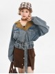 American Vintage Denim Autumn Workwear Style Kawaii Fashion High Waist Brown Skirt Long Sleeves Striped Shirt Blue Coat Set