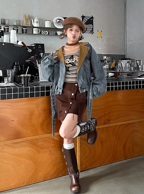 American Vintage Denim Autumn Workwear Style Kawaii Fashion High Waist Brown Skirt Long Sleeves Striped Shirt Blue Coat Set