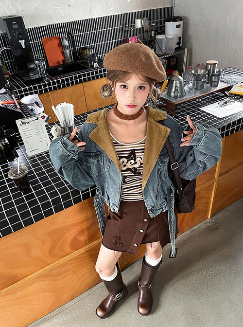 American Vintage Denim Autumn Workwear Style Kawaii Fashion High Waist Brown Skirt Long Sleeves Striped Shirt Blue Coat Set